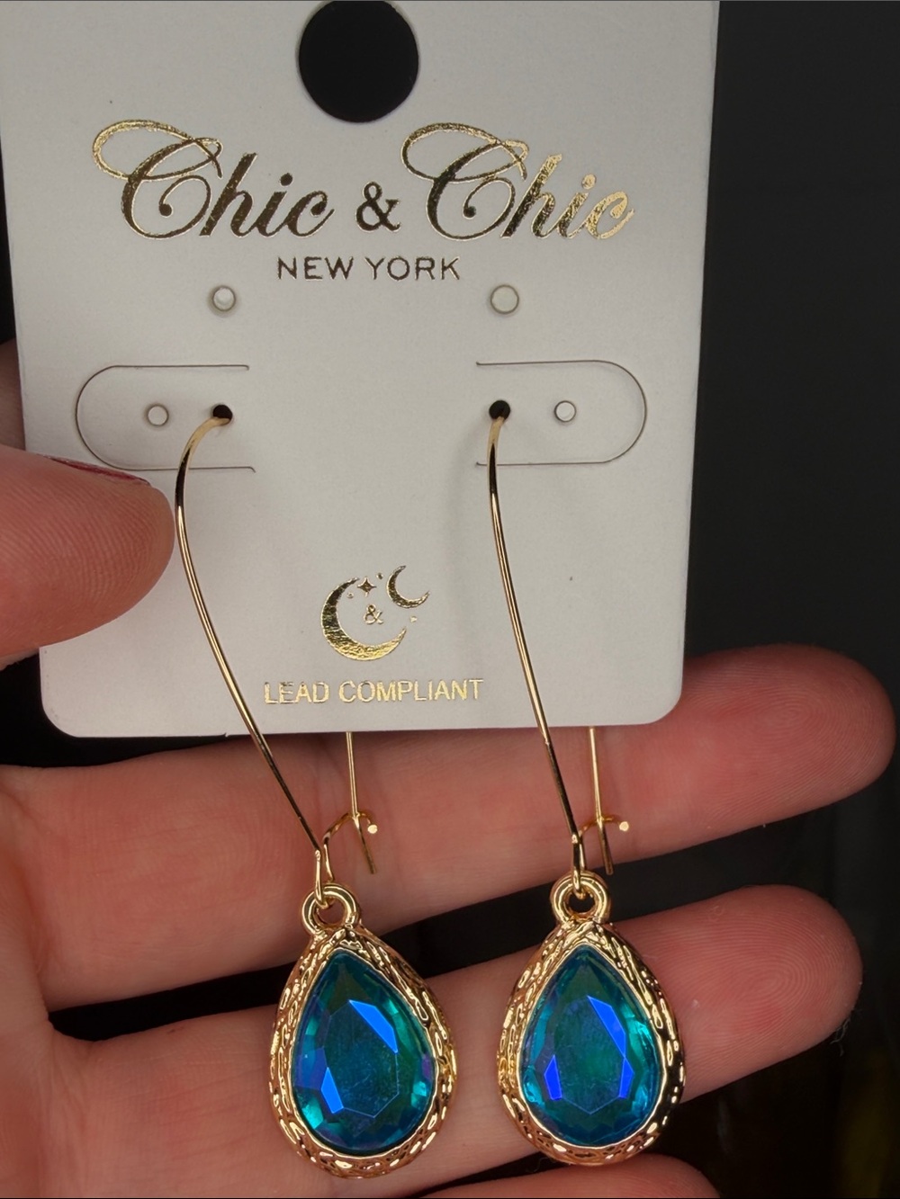 Gold Tone Teardrop Blue Crystal Drop Earrings